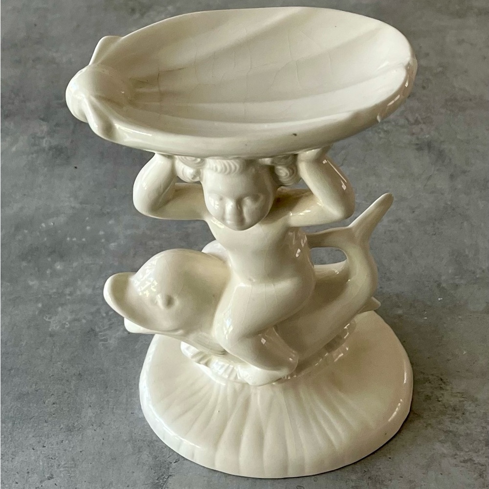 Vintage Cherub/Dolphin White Pedestal Soap Dish With White by Holland Mold.